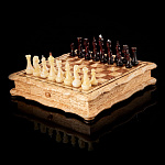 0066404/42*42см/фигуры -янтарь Кар.береза ШАХМАТЫ ЛАРЕЦ С 2-мя ВЫДВИЖНЫМИ ЯЩИКАМИ