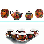 0012801-черный ХОХЛОМА  Сервиз 6 персон "Клубничка":Чайник+сахарница+молочник+чашки