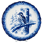 0076179 Гжель ТАРЕЛКА декоративная ПТИЦЫ ДЯТЕЛ  d-23 см