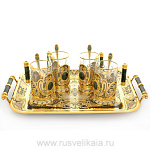 Златоуст НАБОР 4 подстаканника + блюдо, позолота,Нефрит, кабошоны, в ПУ (24) 