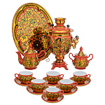 0078117 Хохлома САМОВАР 3 л+СЕРВИЗ на 6 персон "КУДРИНА" красн с зел поднос кругл