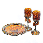 06053-Б Янтарь НАБОР БОКАЛОВ"Виноград" с Блюдом 3пр. в ПУ Бронза