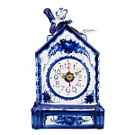 Часы настольные фарфоровые с росписью "Домик". Гжель