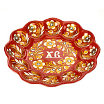 0063653  Хохломская роспись ПАСХАЛЬНИЦА "Лютики-цветочки" 12 яиц красный фон 