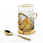 23939 Златоуст Подстаканник " Стрелец" с ложкой, позолота, Никель, Хрусталь, в П/У