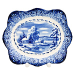 Тарелка декоративная с росписью "Зима в деревне". Гжель