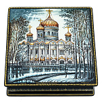 0070994 Лаковая миниатюра Шкатулка "Храм Христа Спасителя" 15*15*2,5см 550-1
