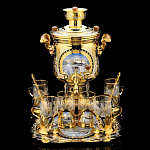 0035144/4591 Златоуст Чайный набор :САМОВАР 3л эл.+блюдо+6 подстак.+6ложек (нефритовые кабошоны)