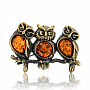 Брошь с янтарем "Совушки", фотография 2. Интернет-магазин ЛАВКА ПОДАРКОВ