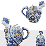 0017310/леп-зол Гжель Чайник "Черепаха"лепка в золоте Авт.Тарыгин М.В.