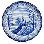 Тарелка декоративная с росписью "Зима в деревне". Гжель