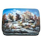 0072489 ШКАТУЛКА с художественной росписью Зима в деревне перламутр15*11*3,5 см