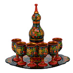 0076538 Хохлома НАБОР ВОДОЧНЫЙ на овальном подносе: штоф+6 рюм, с голуб