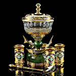 0021690 Златоуст Икорный набор "ДАРЫ МОРЯ":икорница+3стопки  (нефрит,эмаль, бел.стекло, п/з)