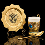 Кофейная пара с позолотой и фианитами "Герб РФ". Златоуст