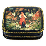 0061482-11*9см  Лаковая миниатюра Палех ШКАТУЛКА "ПТИЧНИЦА" Белова