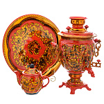 0073115 3пр. Желудь  самовар 3л  роспись "Кудрина" поднос + чайник (КРАС ФОН)круг поднос