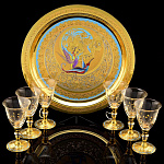 23946 Златоуст Набор ЛИКЕРНЫЙ "Райские пртицы",Поднос +6рюмок, позолота,  Эмаль, Хрусталь, в П/У