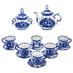 0060274/Срв-кружки Гжель СЕРВИЗ"АНЕМОН":чайник, сахарница+6 ч/пар  Авт.работа.