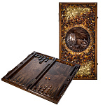 0076344 НАРДЫ янтарные "ЗНАК ЗОДИАКА ЛЕВ" 60*30*8 (янтарь,дуб)