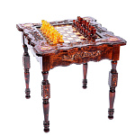 0010413/ Стол "Шахматный" резной (липа, медь, кость моржа)+ ЯНТАРНЫЕ фигуры 