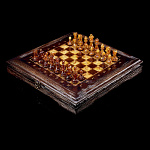 0055504  Шахматный ларец с инкрустацией из янтаря с янтарными фигурами 37*37*6см