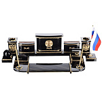 0039458 Нат.камень Письменный набор из обсидиана "ГЕРБОВЫЙ" 13 предметов МБ-057