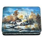 0072490 ШКАТУЛКА с художественной росписью Зима в деревне Храм перламутр15*11*3,5 см