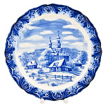 Тарелка декоративная с росписью "Зима в деревне". Гжель