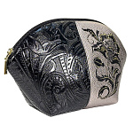 Косметичка кожаная с вышивкой. Черно-бронзовая