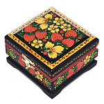 0060923/9*9см  Хохлома Шкатулка КВАДРАТНАЯ КРАСН/ЧЕРН ФОН Р1 