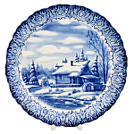 Тарелка декоративная с росписью "Зима в деревне". Гжель