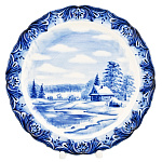 Тарелка декоративная с росписью "Зима в деревне". Гжель