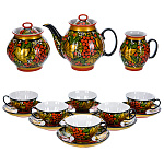 0072879 Хохлома Фарфор Сервиз Чайный"РЯБИНКА" на 6 персон с бел точками (15 предметов) 