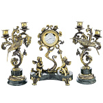 0013920/ФР-офиокальцит Нат.камень Часы настольные "Колибри" с канделябрами 