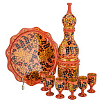 0078392 Хохлома НАБОР ВОДОЧНЫЙ  ЯГОДЫ на кругл подносе: штоф+6 рюмок