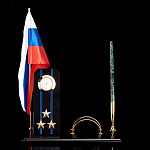  Нат.камень Набор письменный "Погон Полковник" с ручкой и часами+ флаг  015 044 Обсидиан