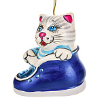  КЕРАМИКА Скульптура-подвес КОТ В БОТИНКЕ белый в синем 9,5 см