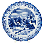 0020907 Гжель ТАРЕЛКА с ожурным краем "Русская деревня" d-17.5 см