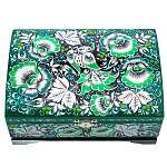 00647295/20*14см Хохлома Шкатулка-сундучок"ЦВЕТЫ СЕРЕБРИСТЫЕ, ПТИЦА" зеленый фон Р21/Р83