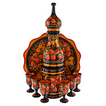 0074496  Хохлома НАБОР ВОДОЧНЫЙ КЛУБНИКА на кругл подносе: штоф+6 рюмок