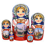 100419 МАТРЕШКА "МОСКВА. ВИД НА КРЕМЛЬ" сине-красная 5 мест 19 см