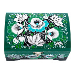 100453 /14*9см Хохлома Шкатулка-сундучок"ЦВЕТЫ. УТРЕННЯЯ РОСА" зеленый  фон Р3 