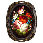 201448/40*30 Поднос с росписью "ЦВЕТЫ" прямоуг с фигурн боком (фон корич)