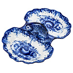 0063589 Гжель МЕНАЖНИЦА большая"РЫБКА" кобальт 2 секции 32*22*10см