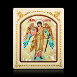 0066526-0024 Икона рукописная Ангел Хранитель перламутр 150-180 мм белая рама