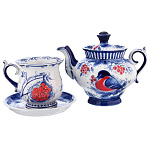 0064100 Гжель Набор "СНЕГИРИ" 2 предм.(ч/п+чайник) в цвете Авт. Алехина Г.