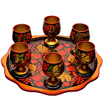 4306 Хохлома Набор "Коньячный" 7пр.:6 рюмок на подносе Д.24см, рюмка 7см