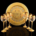 0060586/ЛТ Златоуст Набор для вина "Гранат" 6 бокалов с подносом, позолота, камни,  в П/У 