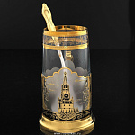 0019542 Златоуст Подстаканник "КРЕМЛЬ"со стаканом и ложкой, латунь, эмаль, хрусталь, позолота в П/У